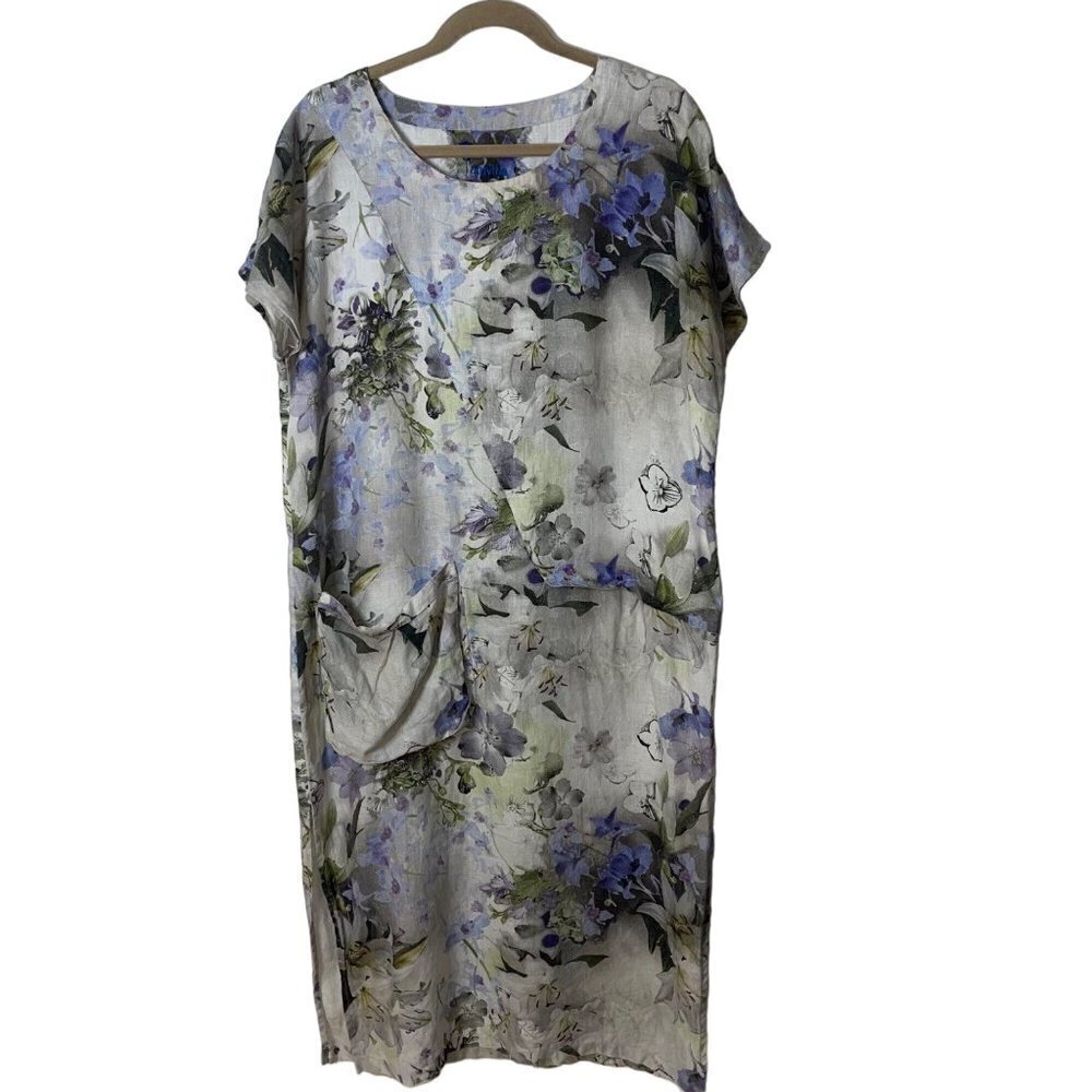 Yuvita Maxi Dress Size Small Green Lavender Gray Pure Linen Floral Lagenlook